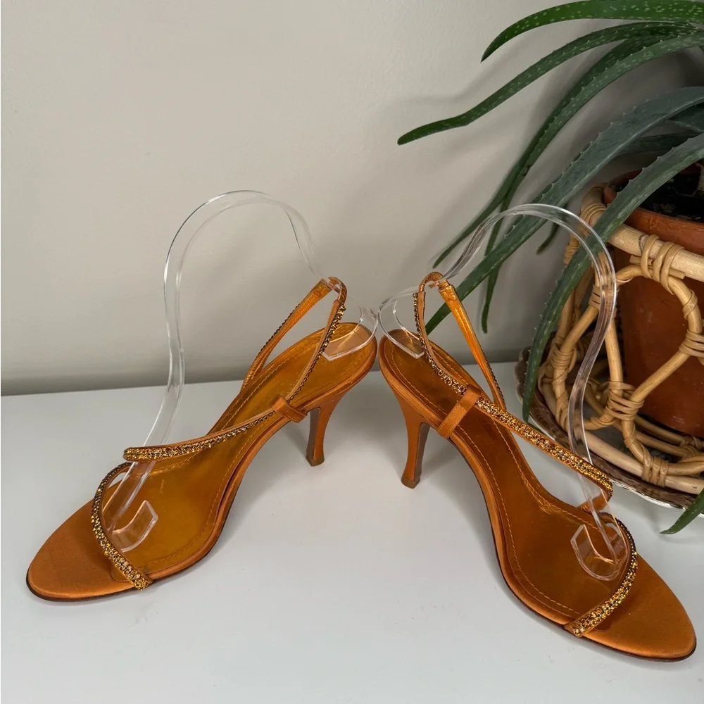 Caligarius Cometa Orange Satin Swarovski Crystal Heels Made in Italy Sz 37/ US 7 - Picture 2 of 12